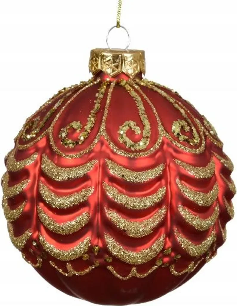 Christbaumkugel aus Glas 10 cm – Rot mit goldglänzendem Wellenmuster