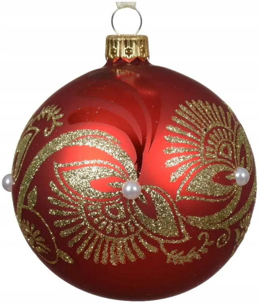 Christbaumkugel aus Glas – Ø 8 cm, Rot-Gold, mit Perlendekor
