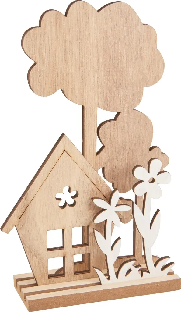 Holz-Steckmotiv „Haus im Grünen“ – 4-teilig, 22 cm Höhe, Sperrholz, dekoriert
